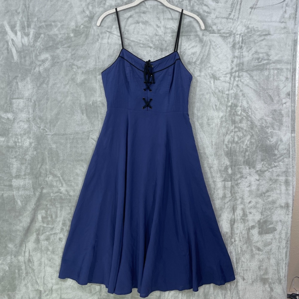 Cooperative Sz 4 Lace Up Corset Blue Midi Dress Spaghetti Strap Fit Flare Rayon